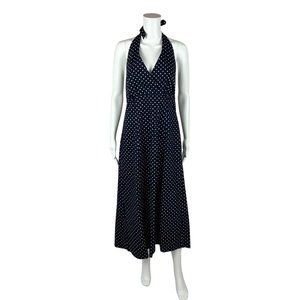 Lands End Polka Dot Dress Women's 14 Navy Blue Halter V-Neck Midi Sundress